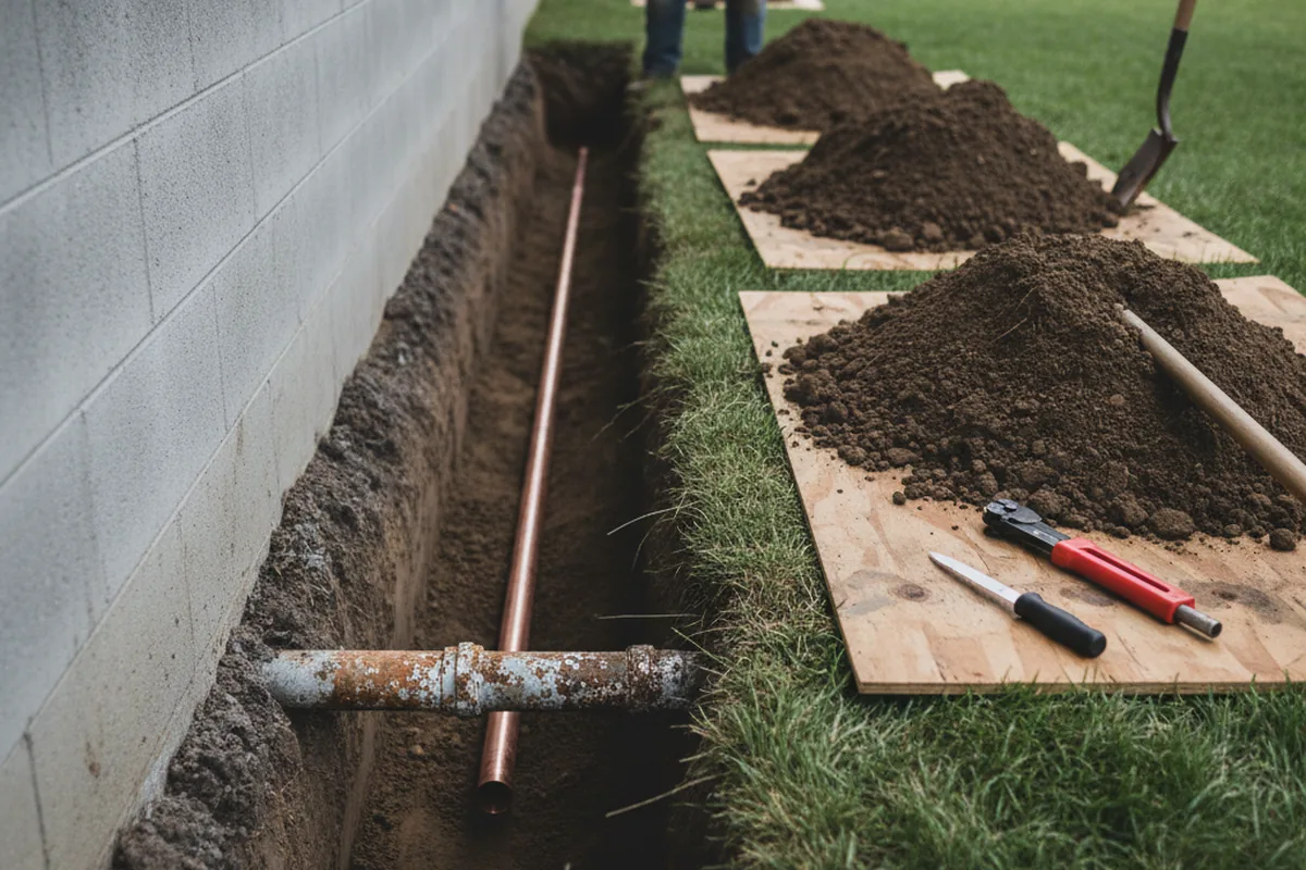 Excavated water line trench during Sewer Line Repair in North Smithfield